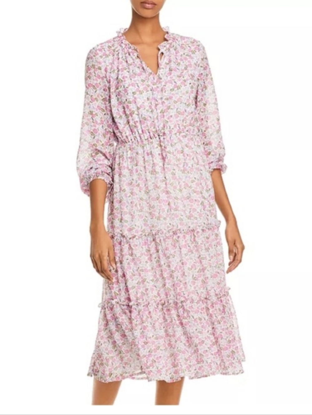 Aqua Pink Floral Tiered Midi Dress